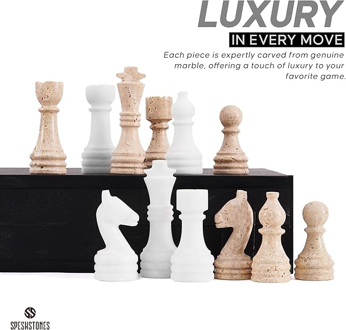 Marble Chess Set 15 Inch Handmade Travertine &amp White Luxury Board Games for Adults Elegant Table top Board Game Travel Chess Pieces &amp Storage Box for Gifts &amp Home Decor