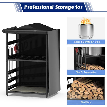 Lezbanz Storage Station for Solo Stove Bonfire, Yukon, Ranger, Firewood Rack Outdoor with Cover, Storage Rack for Fire Pit Accessories, with Waterproof Cover, Adjustable Shelf, Iron Black
