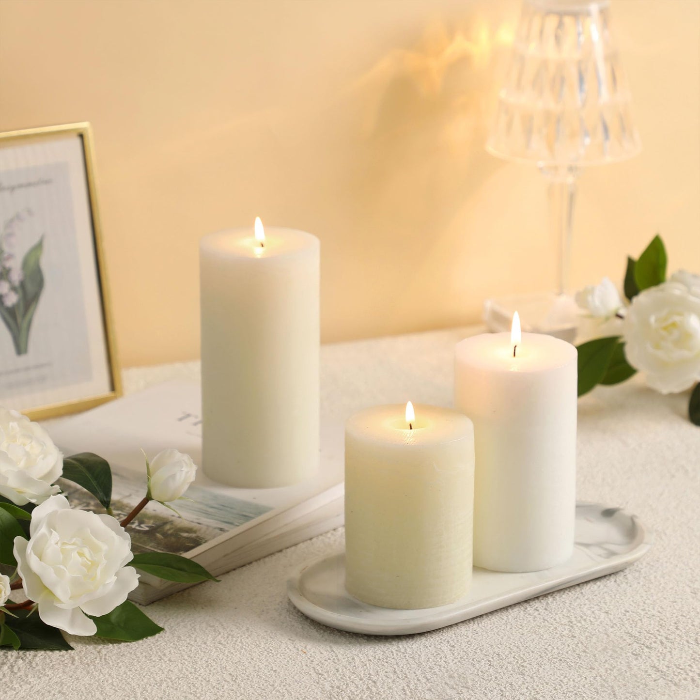 White Pillar Candles Set of 3 - Hand-Poured Unscented Candles,Smokeless Dripless Candles for Dinner Table and Home, Set of 3 in Different Sizes (3"x4", 3"x5", 3"x6")