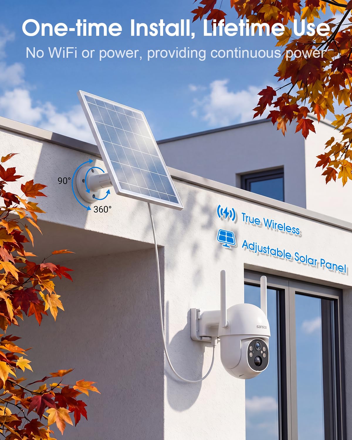 SANSCO 4G LTE Cellular Solar Security Camera, Lifetime Free Unlimited Data, No Monthly Fee, No WiFi Wireless Outdoor Cam, 2K Color Night Vision, 360° PTZ, 2-Way Audio, Built-in SIM, 64G TF Card, TUYA