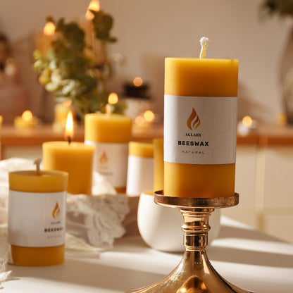 AGLARY 6PCS Beeswax Pillar Candles,Large Handmade Pure Beeswax Candle,Long Lasting Burn Time，Unscented Smokeless，2 * 4",28H, Raw