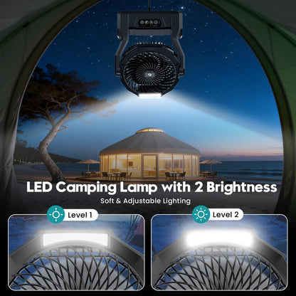 XZK 24000mAh Rechargeable Camping Fan, 64H Runtime Battery Powered Portable Travel Fan with LED Light, Tent Fans for Indoor,Outdoor,Fishing,Jobsite & Hurricane Emergency,Gifts for Men Dad Him,Black