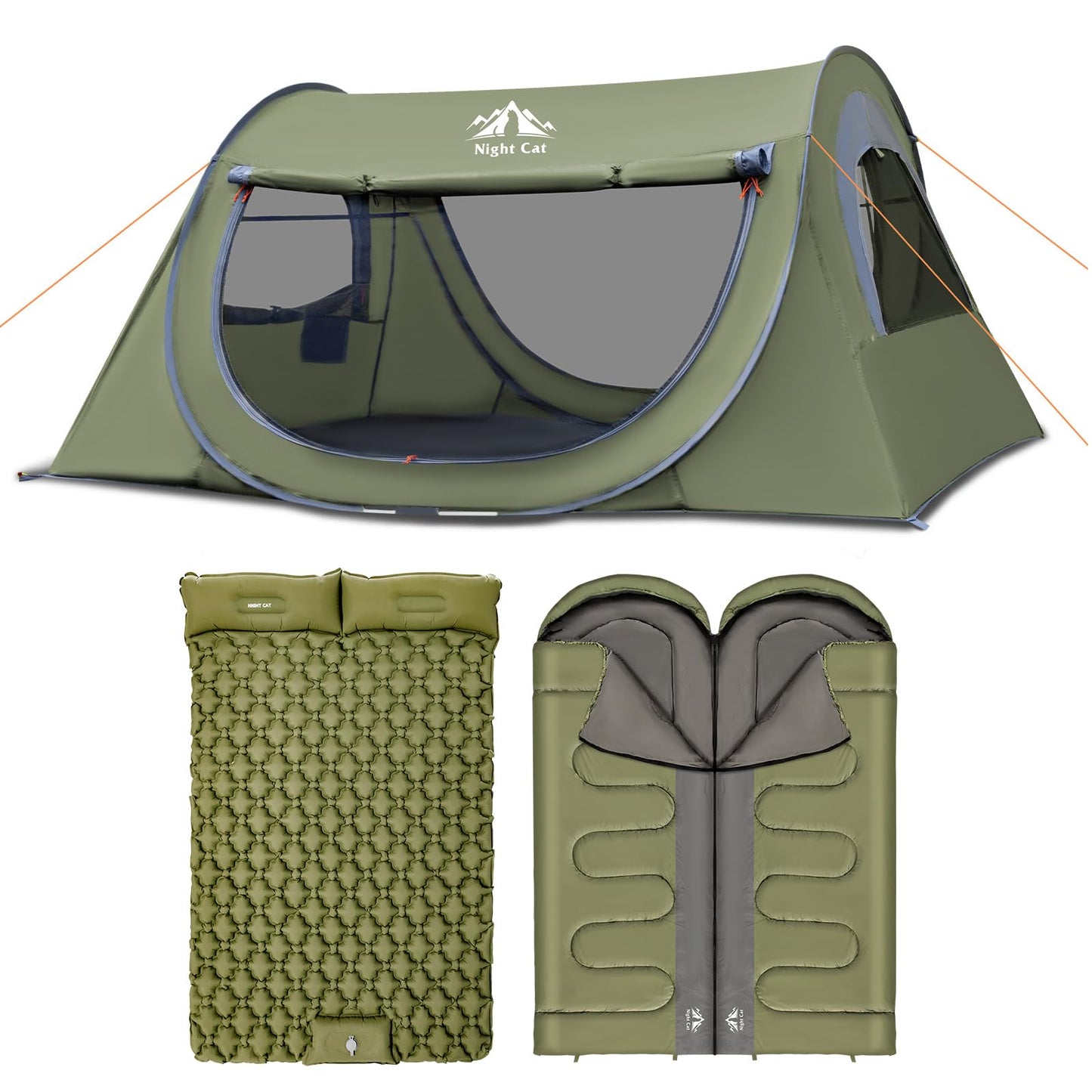 Night Cat Pop-up Camping Tent with Inflatable Double Sleeping Pad Double Sleeping Bag for 2 Persons Tent Combo Set