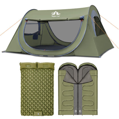 Night Cat Pop-up Camping Tent with Inflatable Double Sleeping Pad Double Sleeping Bag for 2 Persons Tent Combo Set