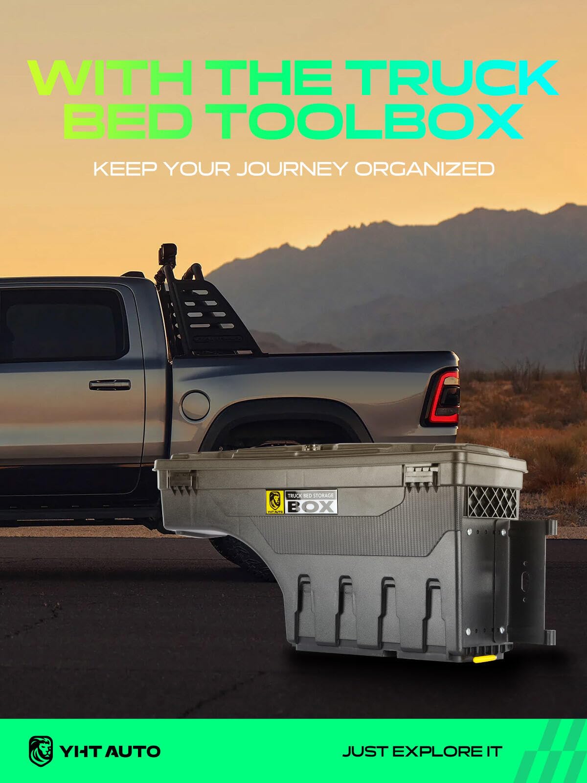 YHTAUTO Truck Bed Storage Tool Box Lockable Compatible with 2019-2025 Ram 1500 Pickup, Passenger Side, Will Not Work with RamBox & Classic Model, Swing Waterproof Wheel Well Toolbox