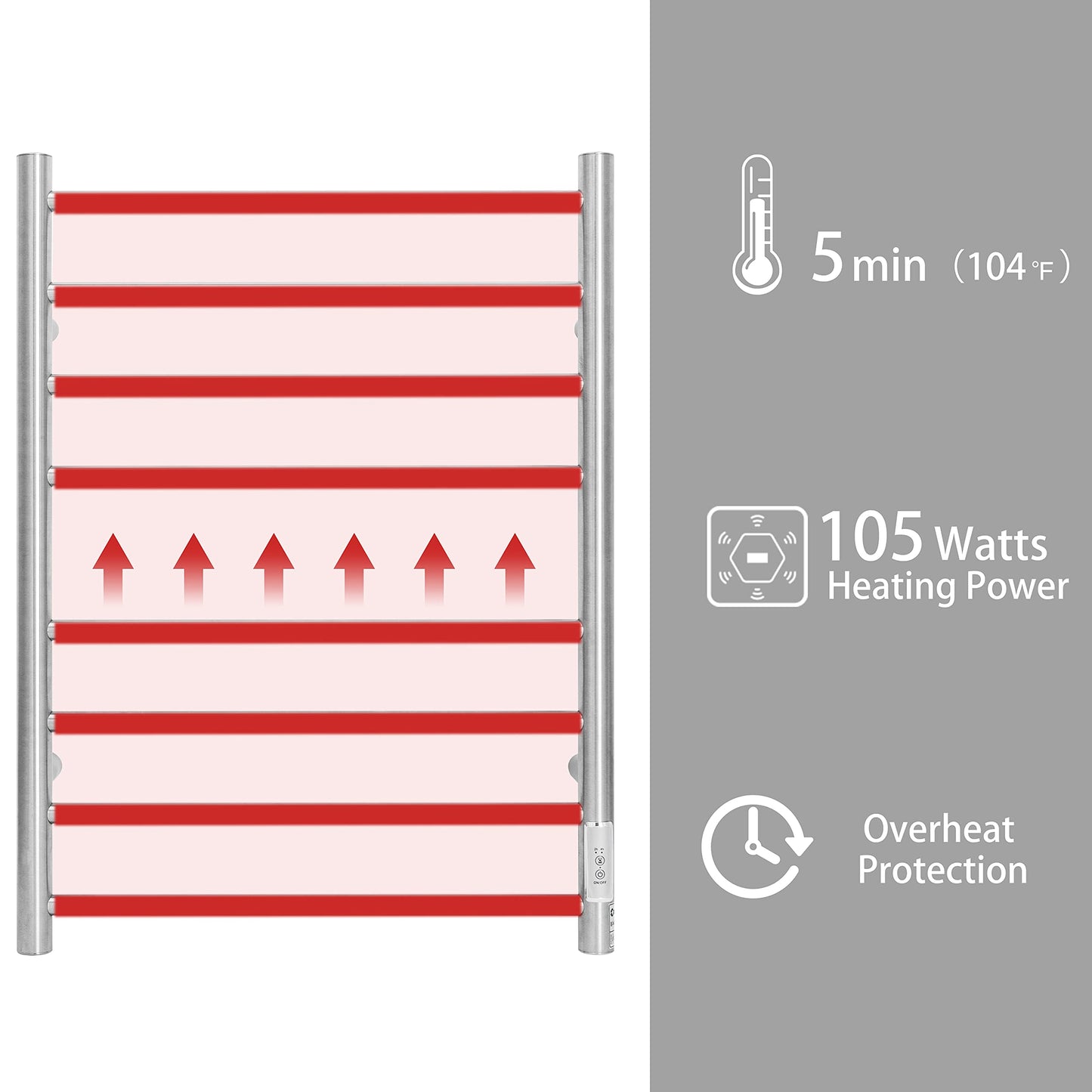 KEG Towel Warmer 8 Bars for Bathroom Freestanding or Wall Mounted Bath Towel Heater Plug-in with Built-in Timer Silver