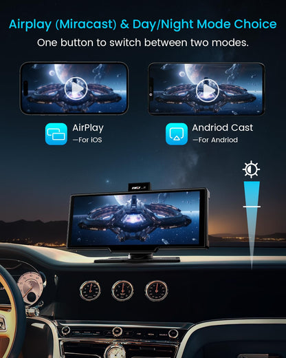 Portable Apple Carplay Screen, 10’’ Car Stereo Wireless Car Play & Android Auto Touch Screen, 4K Dash Cam, 1080P Backup Camera, Mirror Link/Voice Control/Music Play/GPS Navigation