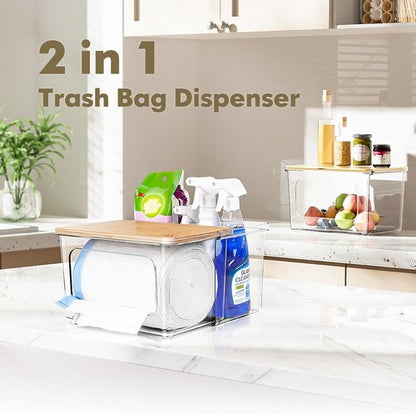 iCASA Trash Bag Dispenser - 2-in-1 Acrylic Organizer with Bamboo Lid | Holds Up to 100 Large Rolls