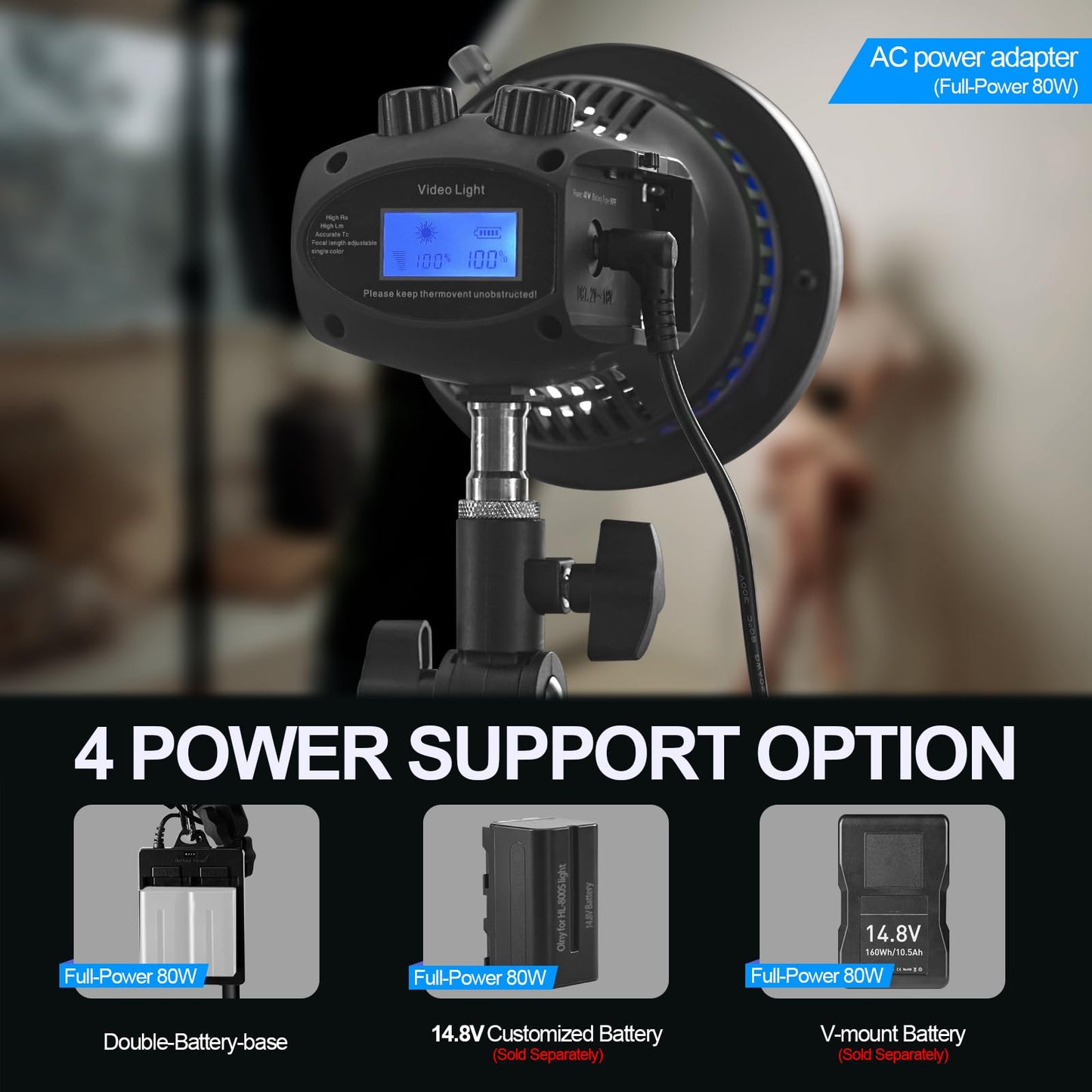 Wellmaking 80W Portable LED Light Continuous Light COB Spotlight Video Light CRI 97+ Dimmable Lightweight Noiseless Fresnel Lens AC/DC Power Supply Bowens Mount Portable Light for Photography