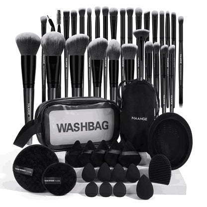 MAANGE 30pcs Professional Makeup Brush Set With Velvet Bag&5pcs Beauty Blender&2pcs Makeup Remover Puff&5pcs Triangle Powder Puff&3pcs Mini Thumb Puff&Toiletry Bag&2pcs Cleaning Mat (Blacksliver)