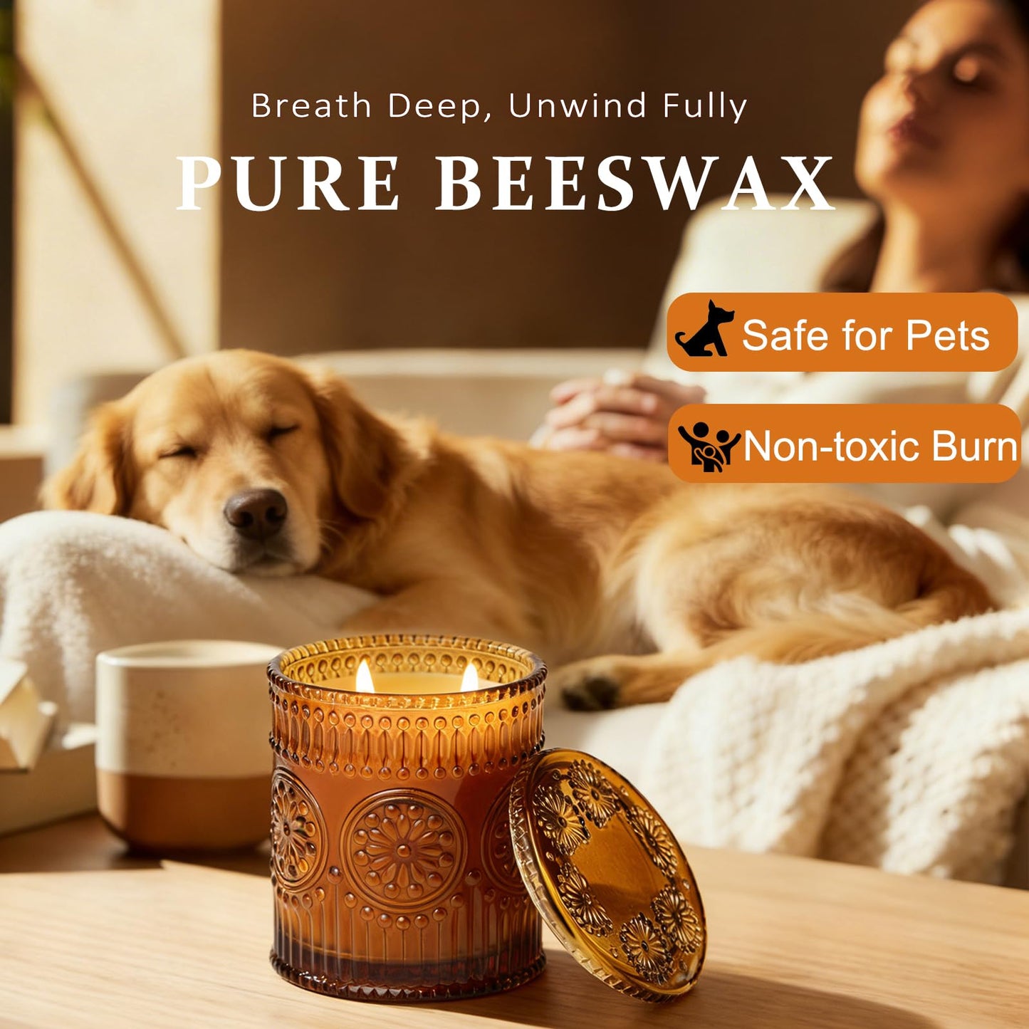 2-Wick Beeswax Candles in Jar, Natural Beeswax Candles in Amber Glass for Air Purification, Honey Aroma Jar Candle for Home Scented Decor, Gift for Women & Men, Fragrance Free, Paraffin Free