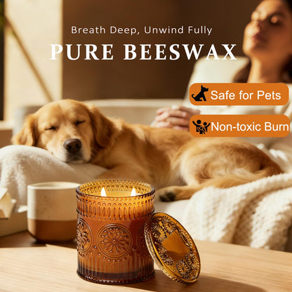 2-Wick Beeswax Candles in Jar, Natural Beeswax Candles in Amber Glass for Air Purification, Honey Aroma Jar Candle for Home Scented Decor, Gift for Women & Men, Fragrance Free, Paraffin Free