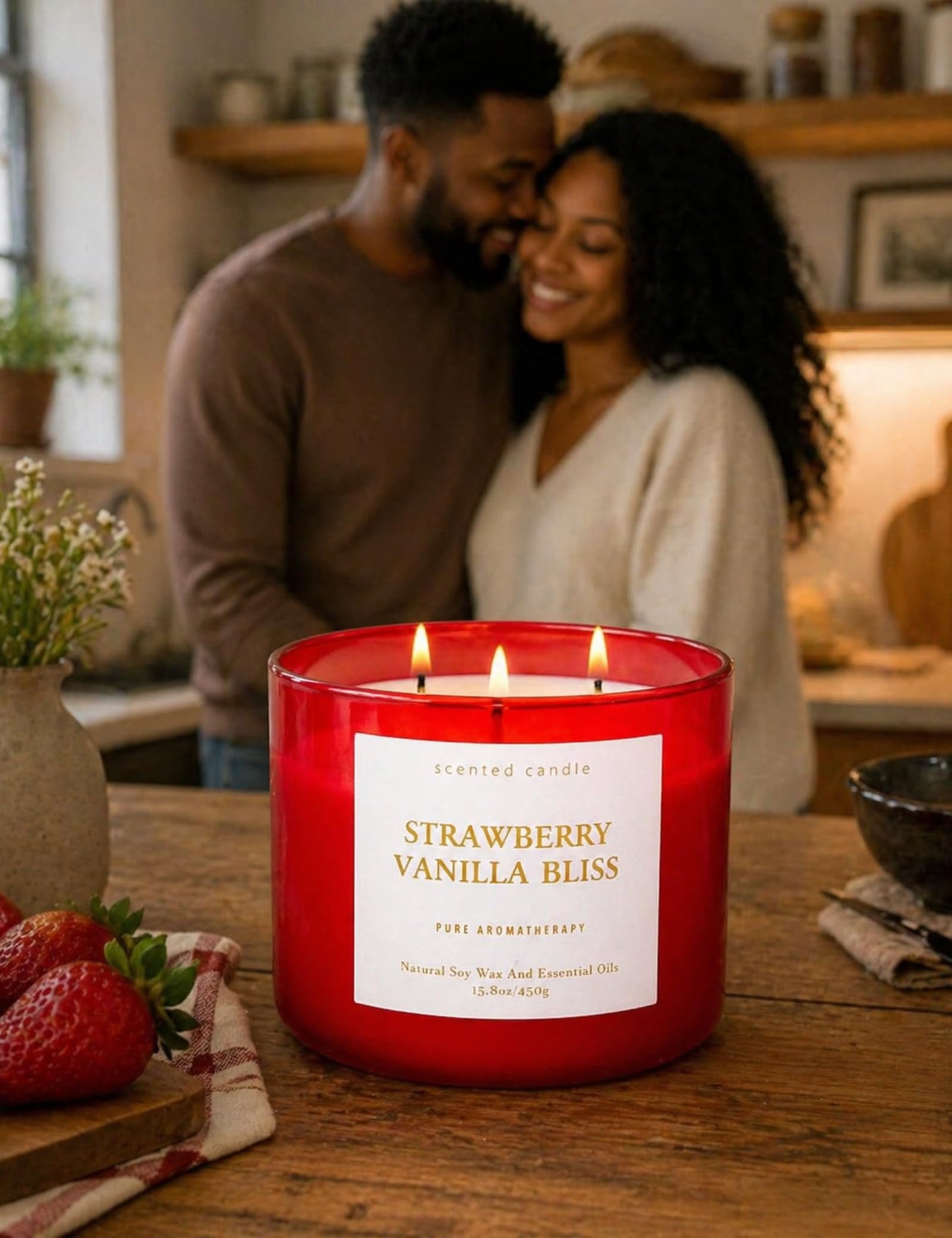 Strawberry Vanilla Bliss 3-Wick Soy Candle | 15.8 oz Large Aromatherapy Candle for Home | Clean Burn Long Lasting | Berry Vanilla Scent | Gift Ready