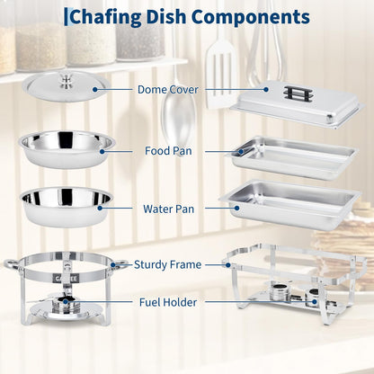 Garvee 4 Pack Chafing Dish Buffet Set, 8 Qt Rectangle & 5 Qt Round Stainless Steel Chafers and Food Warmer Sets with Lid, Food & Water Pan and Fuel Holder for Events, Parties & Holiday Catering