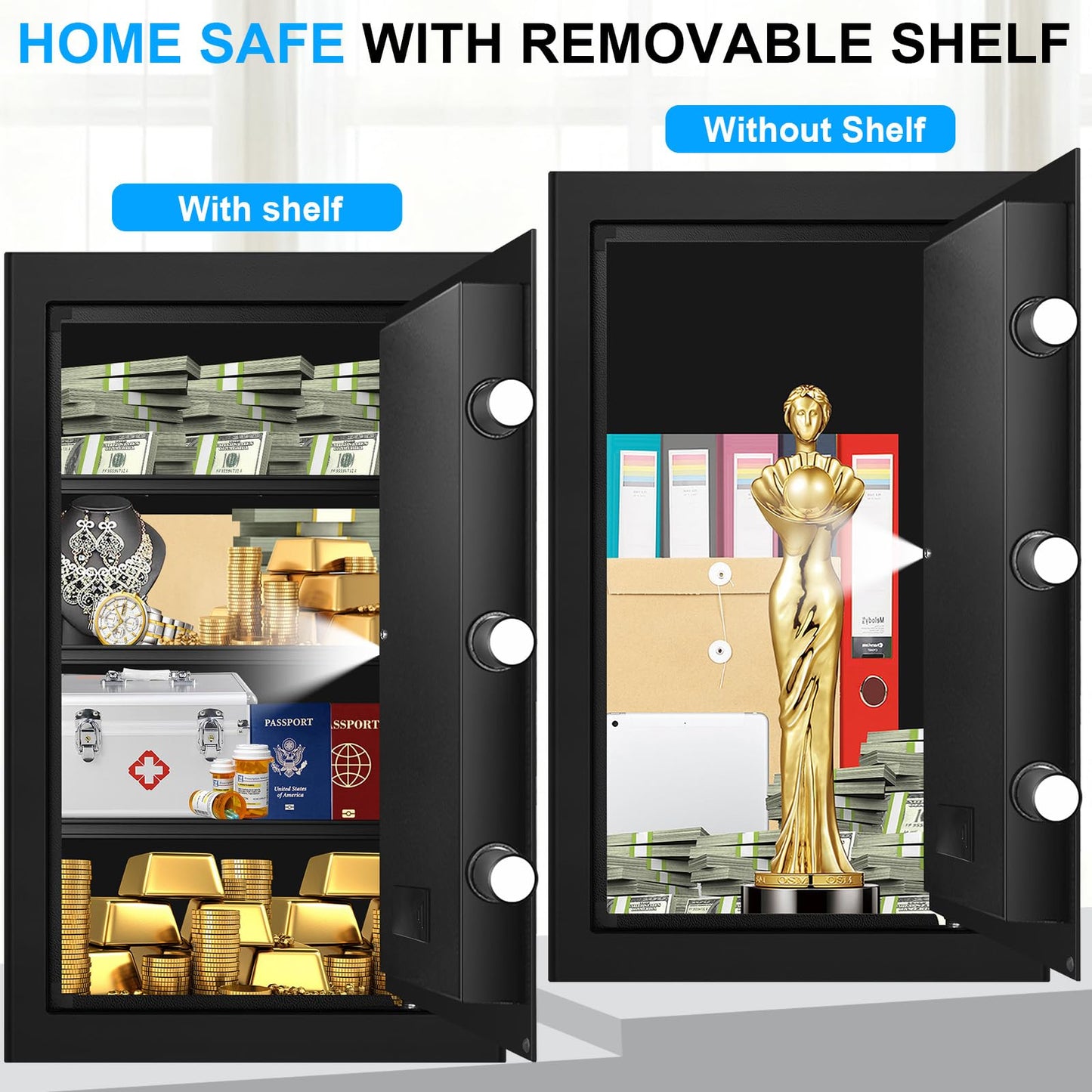 5.3 Cub Large Fireproof Safes for Home, Digital Home Security Safe Box Fireproof Waterproof with Combination Lock and 3 Removable Shelves, Anti-Theft Fire Proof Safe for Document Money Valuables