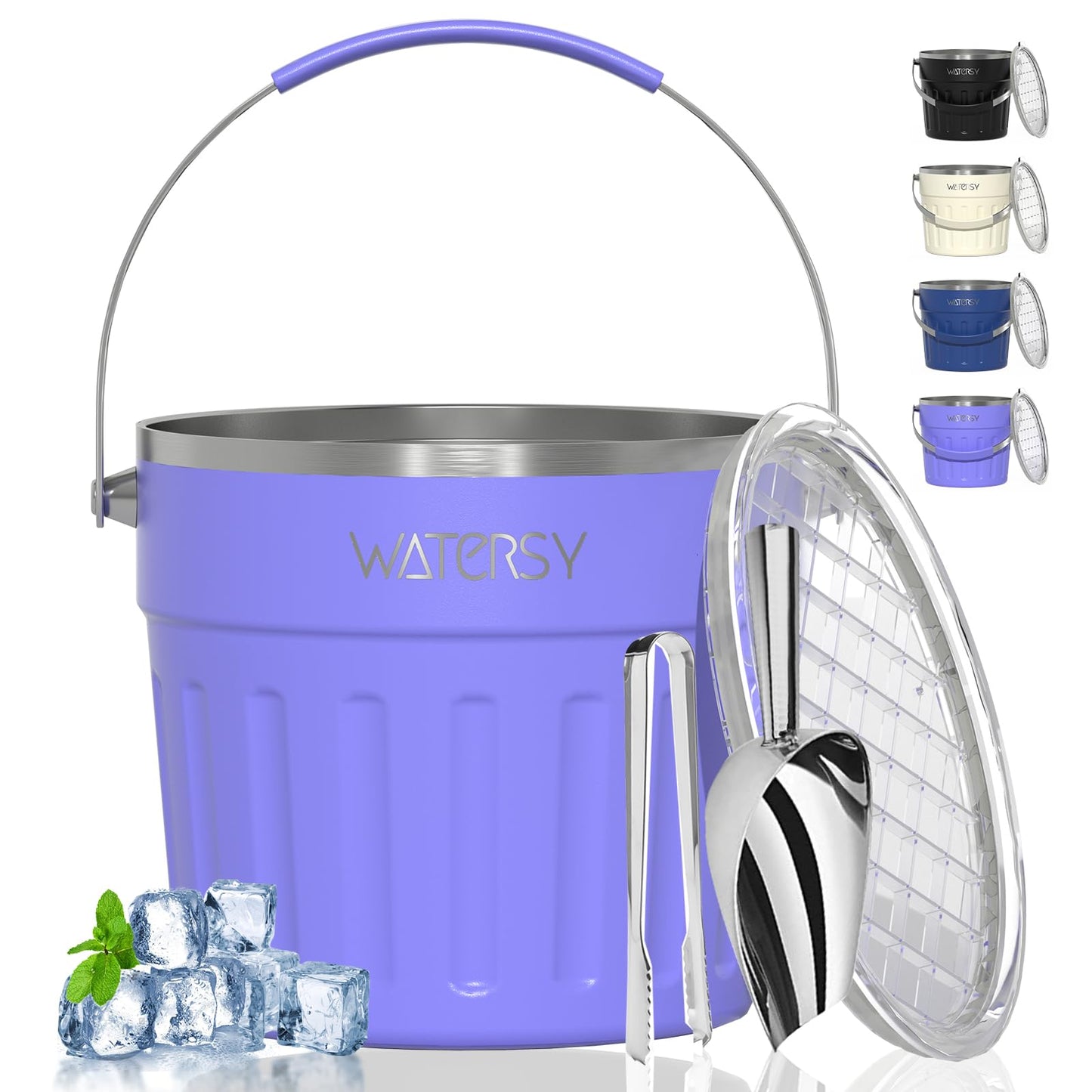 WATERSY Insulated Ice Bucket（8 Quart / 7.6 L） with Lid, Scoop, Ice Tong，Wall Vacuum Stainless Steel, Purple