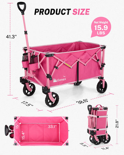 Gonex 38''L Collapsible Foldable Wagon Cart with 360lbs Weight Capacity,220L Folding Utility Garden Cart with Detachable Wheels for Grocery Sports Shopping Camping - Pink