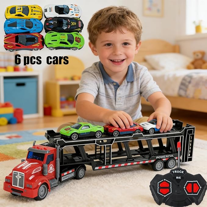 Remote Control Car Transporter Truck Includes 6 Cars 14 1:48 Car Transporter Semi Truck Toy Equipped with 2 Rechargeable Batteries Gifts Ideas for Boys Age 3-8 Year Old
