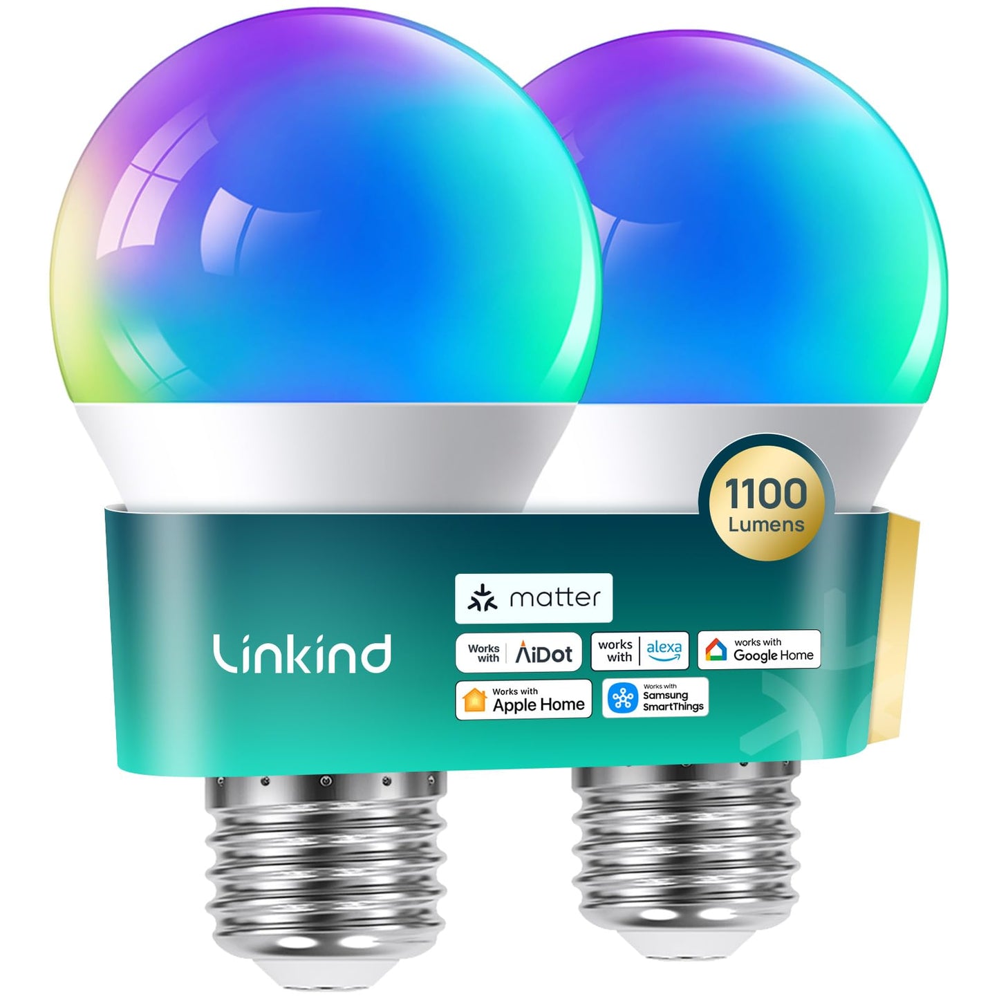 Linkind Matter Smart Light Bulb, Smart Bulbs Work with Apple Home, Siri, Alexa, Google Home, SmartThings, Color Changing Light Bulbs Music Sync RGBTW, Mood Lights, 2.4Ghz WiFi A19 E26 60W 800LM 6 Pack