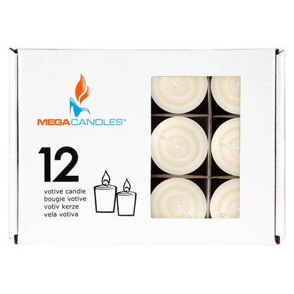 Mega Candles 12 pcs Unscented Ivory Votive Candles, Hand Poured Wax Candle 15 Hours 1.5 Inch x 2.25 Inch, Home Décor, Wedding Receptions, Centerpieces, Occasions, Events, Meditations, Holders