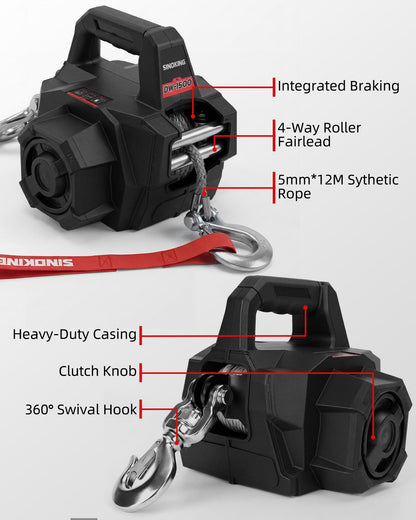 SINOKING 1500 LB Portable Winch, Drill Winch with Universal Drill Fitment, 40 ft Synthetic Rope, Free-Spool Clutch, 360° Swivel Hook for ATV, Farm, Rescue and Trailer Use