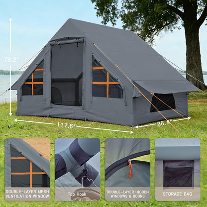 SANHOVO Inflatable Tents for Camping - Easy Blow Up Glamping Tent with Hand Pump, Hot Tent with Stove Jack Waterproof PVC Air Inflatable Tent House for Family Weekend Camping