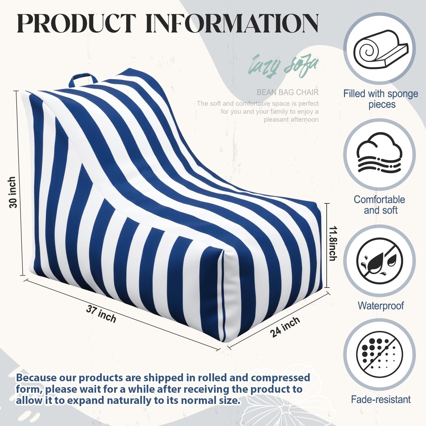 Briwooody Boat Bean Bag Chair Waterproof Outdoor Beanbag Chair Patio Lounge Comfy Lazy Sofa Couch Seating for Boat, Pool, Marine Balcony (Blue,White)