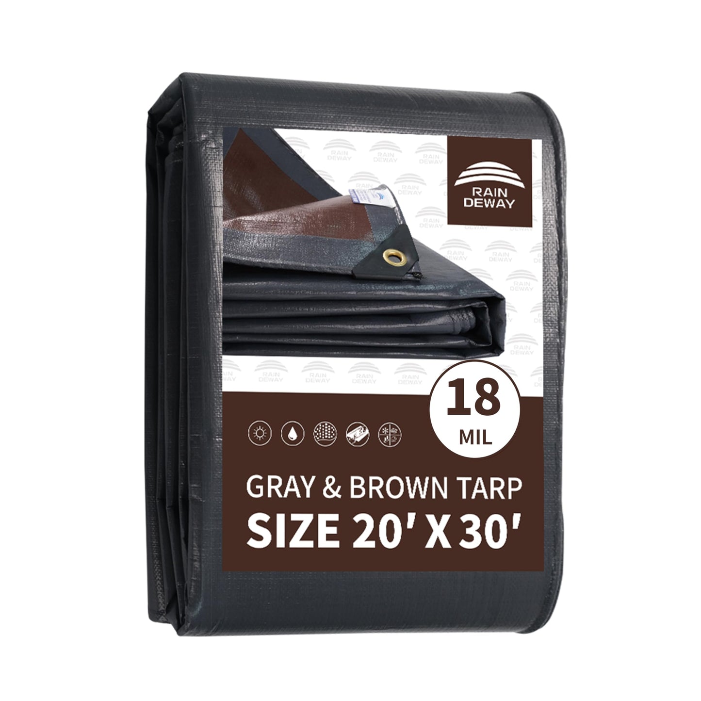 RAINDEWAY 20x30 Feet Super Heavy Duty Tarp 18 Mil, UV Resistant, Weatherproof, Multipurpose Waterproof Poly Tarp with Grommets and Reinforced Edges, Brown/Gray Tarps