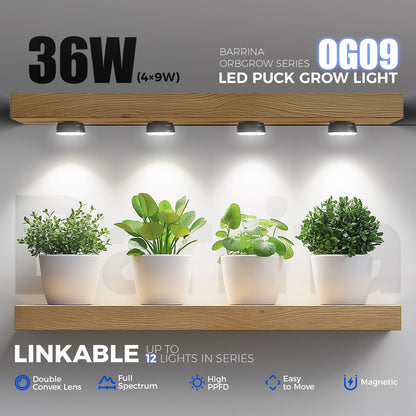 Barrina LED Grow Light Puck, 5000K, 36W (4 x 9W), Aluminum, Model OG09-B4, 4 Packs, Linkable, Full Spectrum,