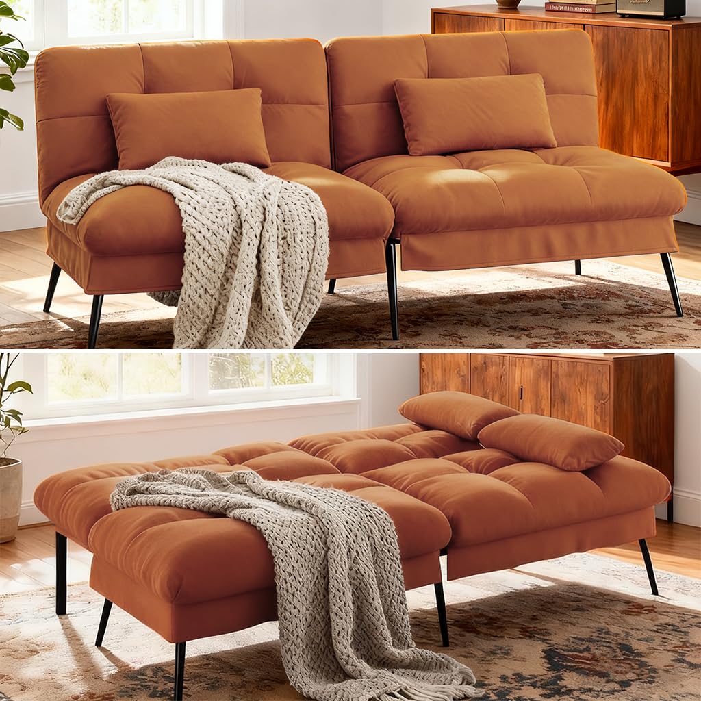 COMHOMA 72″ Futon Sofa Bed,Convertible Fabric Futons Couch with Adjustable Backrest, Folding Sleeper Recliner for Living Room Furniture (Orange)