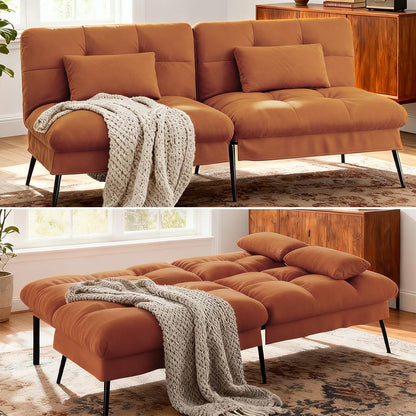 COMHOMA 72″ Futon Sofa Bed,Convertible Fabric Futons Couch with Adjustable Backrest, Folding Sleeper Recliner for Living Room Furniture (Orange)