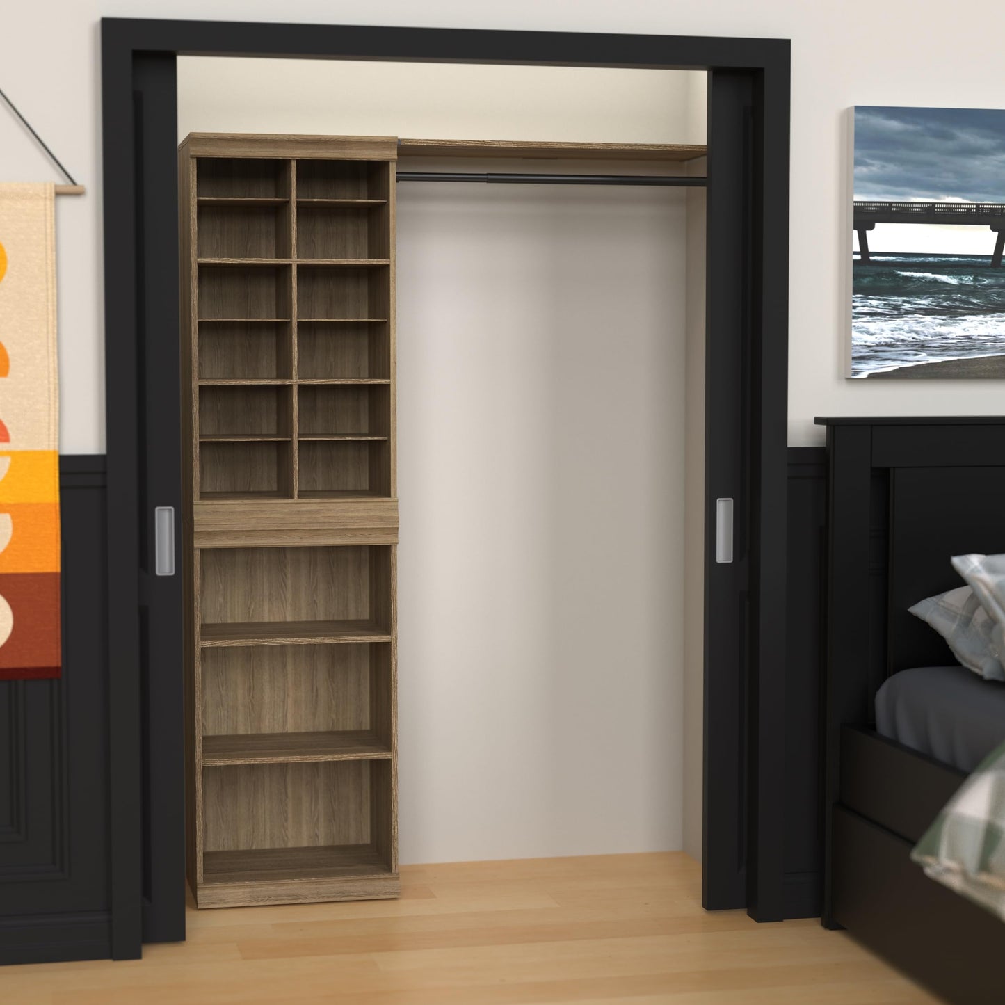 ClosetMaid Modular Storage Organizer Kit Includes; (1) 12-Shelf Unit with Dividers, (1) 3-Shelf Unit, and (1) Hang Rod Shelf Unit, Sand