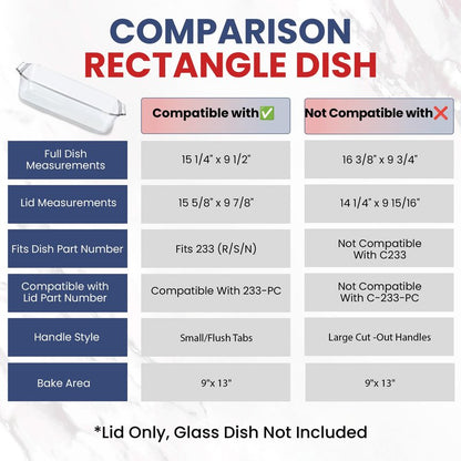 Replacement Lid fits Pyrex 9x13 233 Glass Casserole Baking Dish Container with Tab Handles, for 3-Quart Model 233-PC (Navy)
