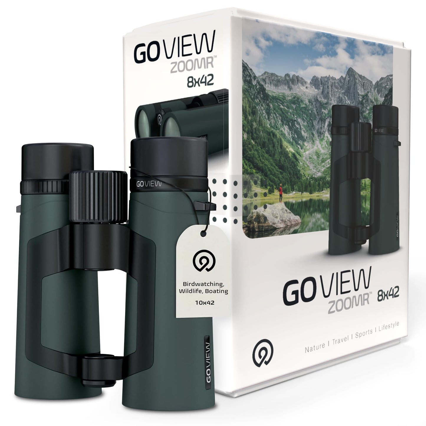GOVIEW ZOOMR 10x42 Binoculars for Adults | Lightweight | BAK4 Prism with Fully Multi-Coated Optics Smartphone Adapter Compatible Waterproof IPX5/6 PORTR™ Strap with Easy Click Closure - Oak Green
