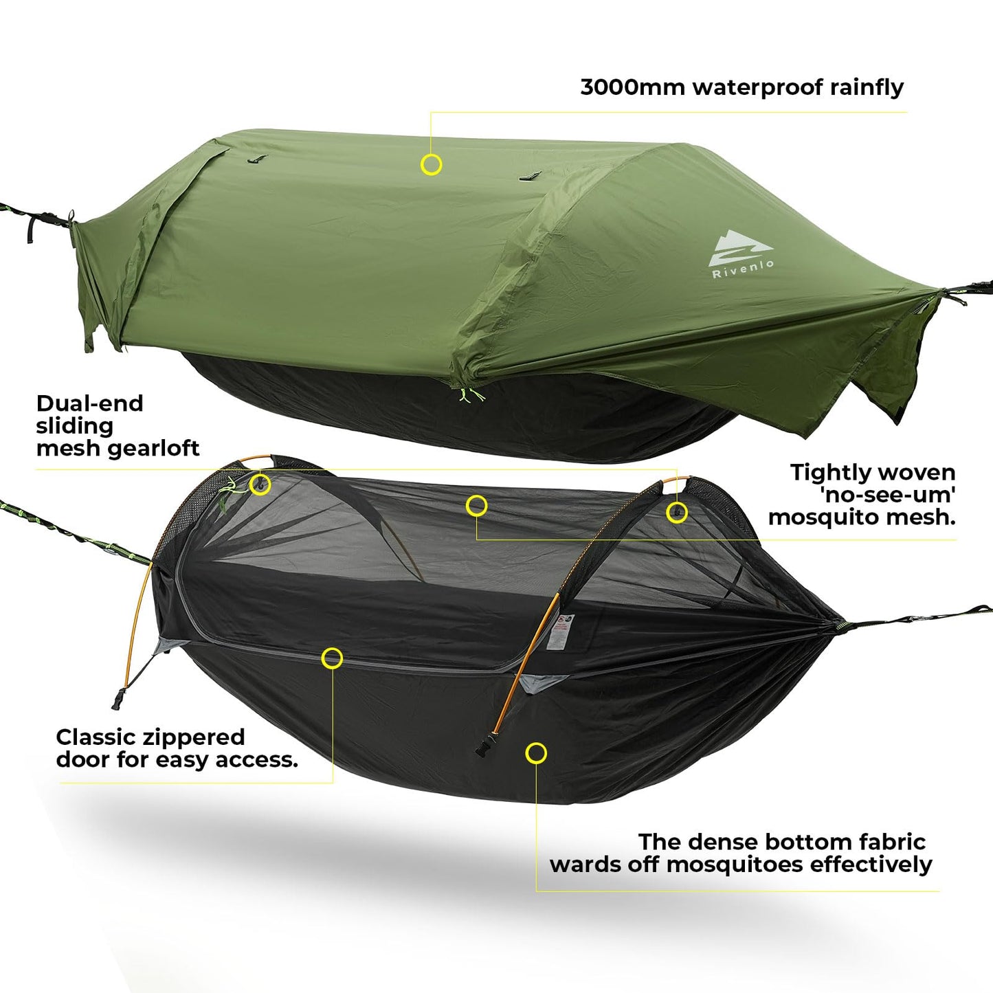 Rivenlo Camping Hammock Tent with Mosquito Net & RainFly, 3 in 1 Waterproof Lightweight Portable Sleeping Hammock Bug Backpacker Travel Outdoor Gear with Tree Strap Swing, for Hiking Patio Expedition