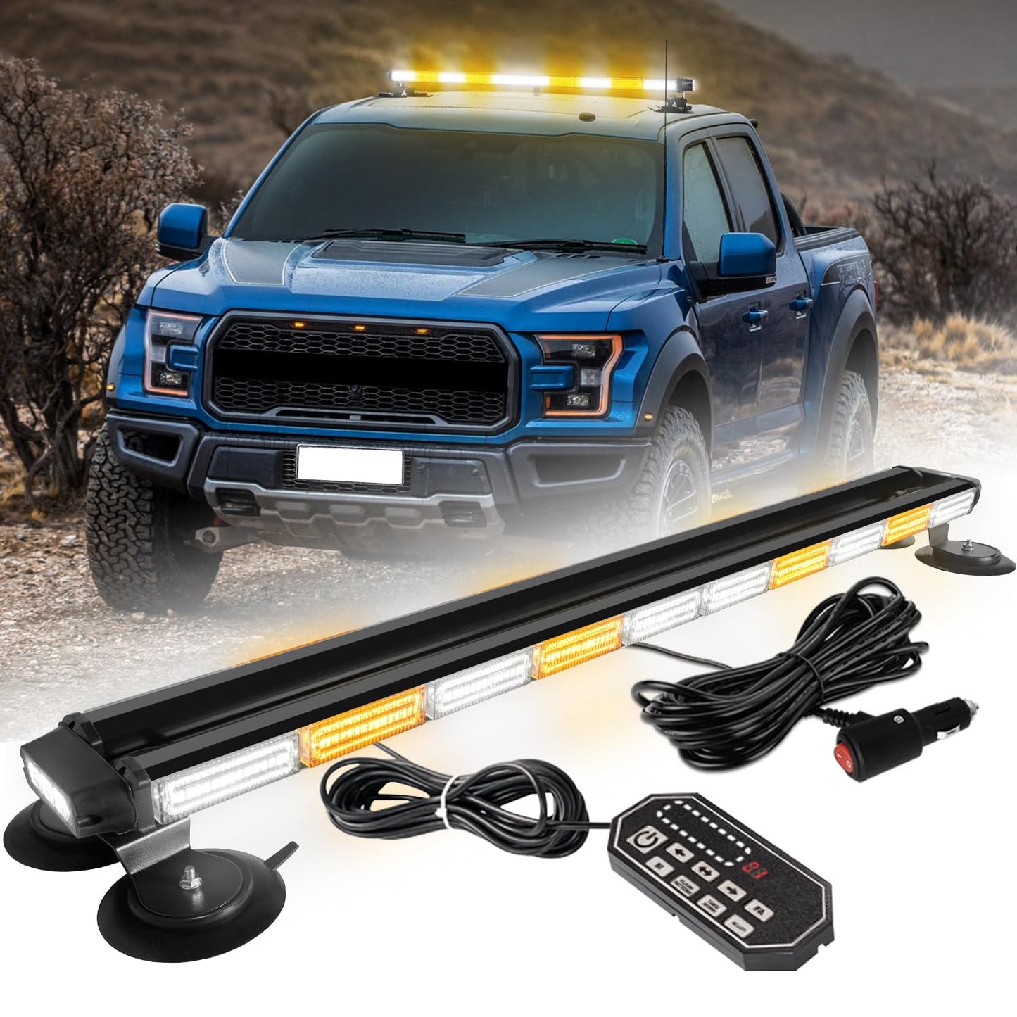 LRTER 42inch 206 LED Rooftop Emergency Strobe Light Bar Flashing Safety Lights w/Controller Traffic Advisor Warning Hazard Light for Trucks Vehicles Construction Tow Pickup Snowplow Amber White
