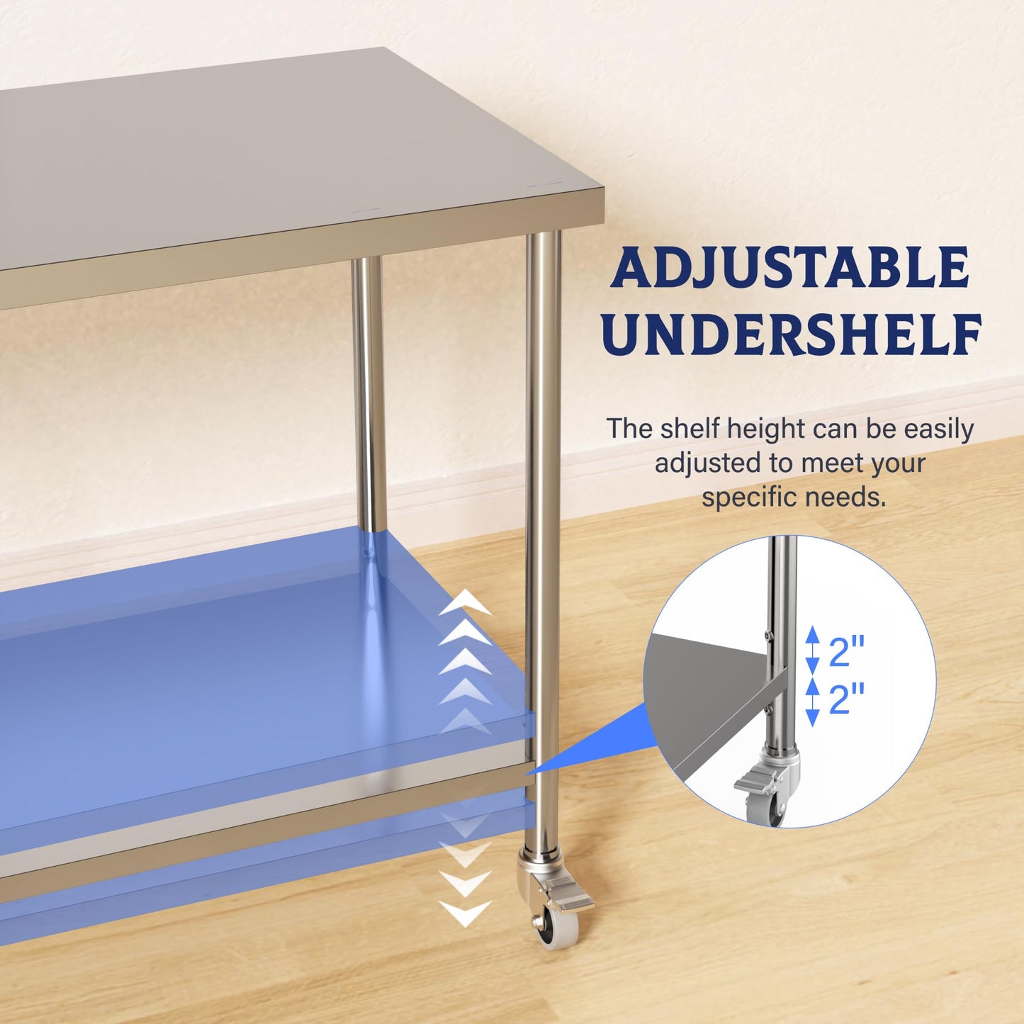 Stainless Steel Table, 48" x 24" Prep Workstation, 1000 LBS, NSF Commercial Work Table with Adjustable Undershelf and Lockable Casters, for Restaurant, Home, Kitchen, Hotel, Outdoor