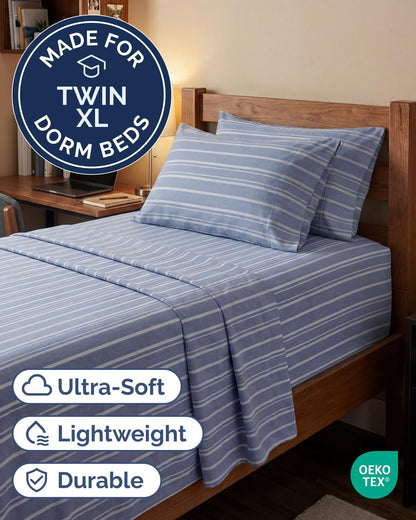 Skiennix Extra Deep Twin XL Sheet Set - 4-Piece Breathable Cooling Bedding - Soft Wrinkle-Free Blue Stripes