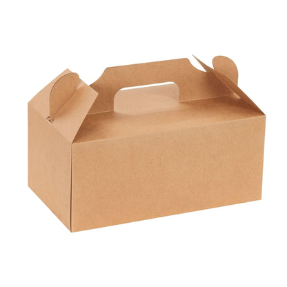 Restaurantware-Bio Tek 10.2 x 5.9 x 6.9 Inch Treat Boxes With Handles, 100 Rectangle Gable Boxes - With Secure Tab, Grease-Resistant, Kraft Paper Cardboard Boxes, Recyclable