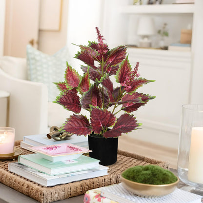 Artificial Plants Indoor with Pot 16.9" Faux Potted Perilla Plants Indoor Decorative Silk Greenery in Black Pot for Farmhouse Home Bathroom Living Room Office Table Shelf Decor