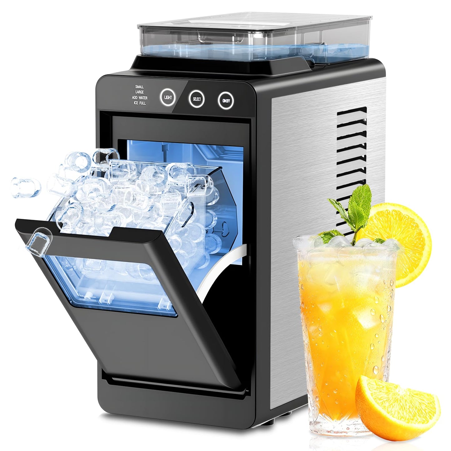 Kismile Countertop Ice Maker, 26lbs/24H Bullet Ice Machine, 8 Ice Cubes in 6 Minutes, Dual Water Tanks with 1.2L Top Tank, 2 Ice Sizes, Self-Cleaning, Compact Portable Ice Maker for Home, Kitchen & RV
