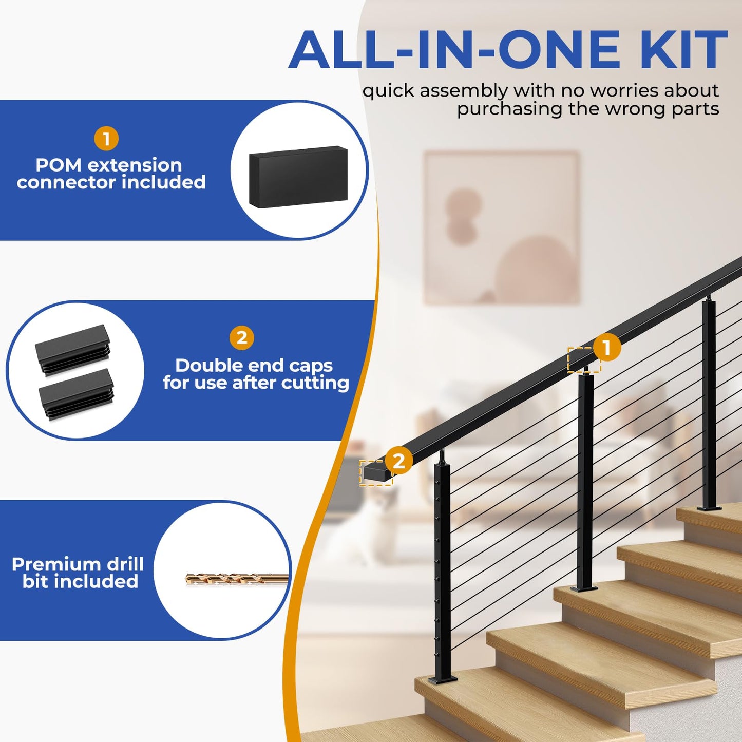 Zylorix 3Pack 6'6" Stainless Steel T304 Black Handrail for Cable Railing with Nylon End Cap Extension Connectors, 2.36" W x 1.18" H Cuttable Flat Handrail Rectangular Top Rail for Indoor Outdoor