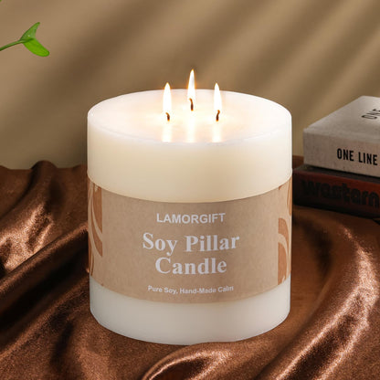 LAMORGIFT 3 Wick Soy Pillar Candle - 6x6” Extra Large Unscented White Pillar Candle, Hand-Poured Soy Wax Candle with Frosted Finish, Long Lasting Large Centerpiece Candle for Home Decor & Weddings