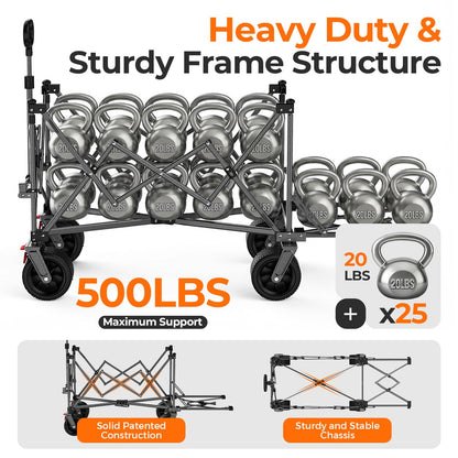 Aimnny 55" Collapsible Wagon with Tailgate & Brakes - 500LBS Heavy Duty Multi-Terrain Cart, 300L Foldable Utility Wagon with Cup Holders & Side Pockets for Beach Sand Camping Sports Shopping (Blue)