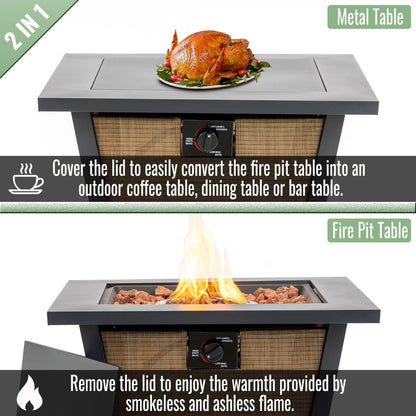 28" Propane Gas Fire Pit Table, 50000 BTU Square Outdoor Fire Pit with Steel Tabletop & Textilene Base, Patio Fire Table with Lid, Lava Rocks & Rain Cover for Backyard Deck Garden, Brown