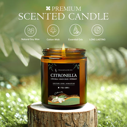 Citronella Candle, Indoor Outdoor Lemongrass Scented Candle，Natural Soy Wax Jar Candle, 50-Hour Burn Time, 7 oz