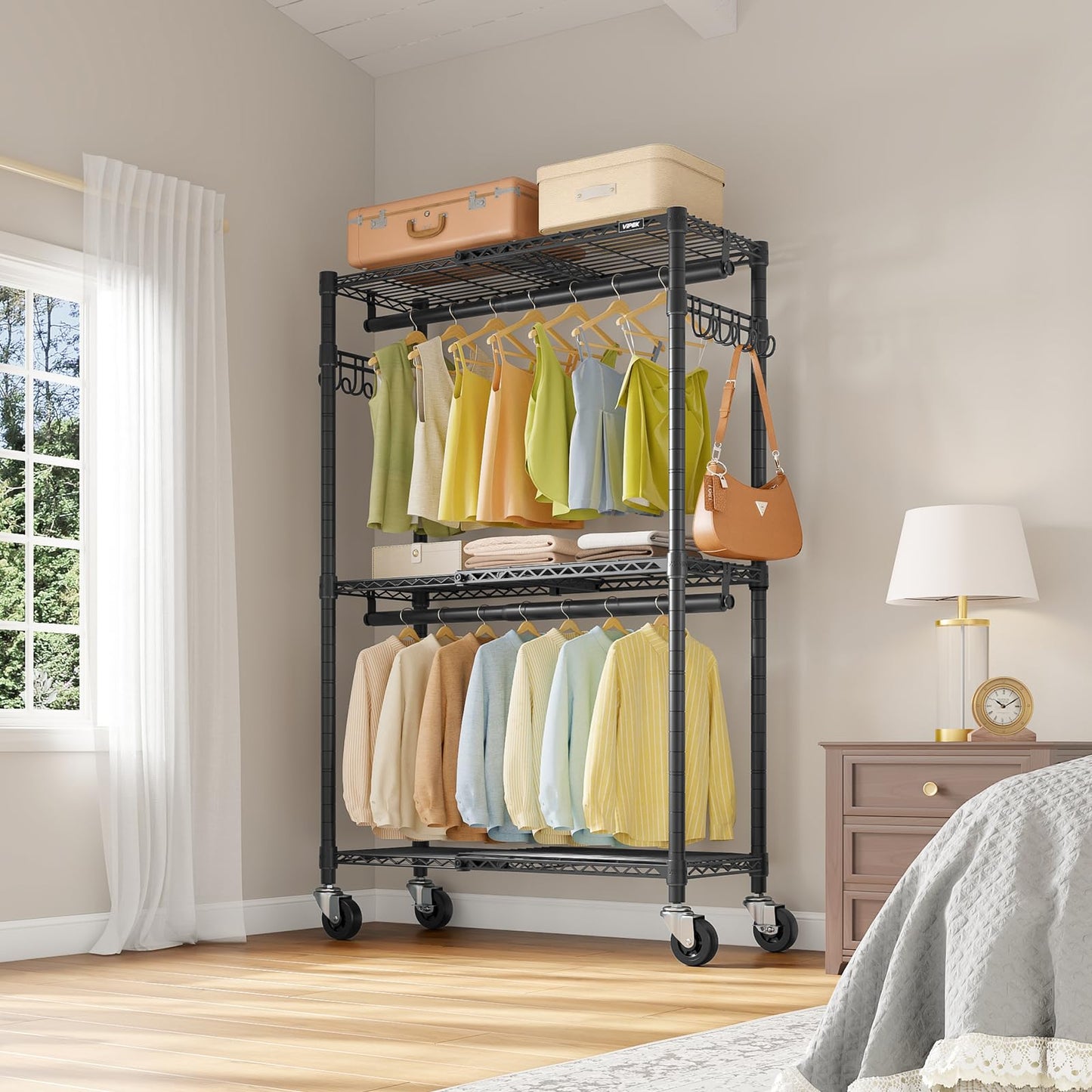 VIPEK R2X Expandable Portable Closet with Lockable Wheels, 600lbs Capacity Heavy Duty Rolling Clothes Rack w/Adjustable Shelves & Hanger Rod (2' to 3'5"), Metal Clothing Rack for Small Spaces (Black)