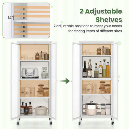 Giantex Bookcase with Doors, 58" Tall 4-Tier Bookshelf with Wheels, Adjustable Shelves, Heavy Duty Metal Frame, Freestanding Display Storage Cabinet for Living Room Bedroom Kitchen Pantry (White)