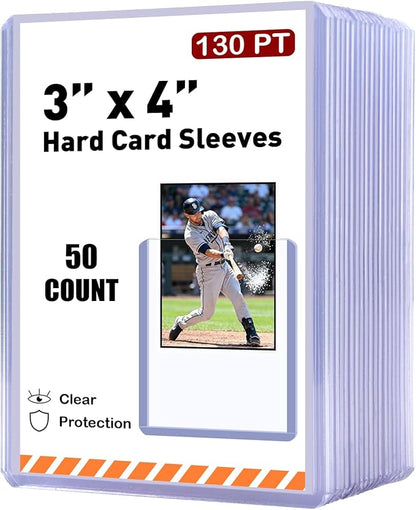 50ct 130pt 3x4 Hard Card Sleeves - Hard Plastic Trading Card Protector Rigid Clear Open-Top Card Sleeve Fits Standard Thick Trading Baseball Sports Game Collectible Cards