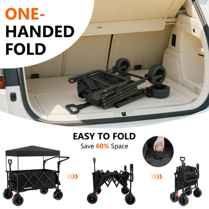 3 in 1 Collapsible Wagon with 300lbs Weight Capacity,150L Heavy Duty Utility Cart with Removable Canopy,with Big All-Terrain Beach Wheels & Drink Holders,Black